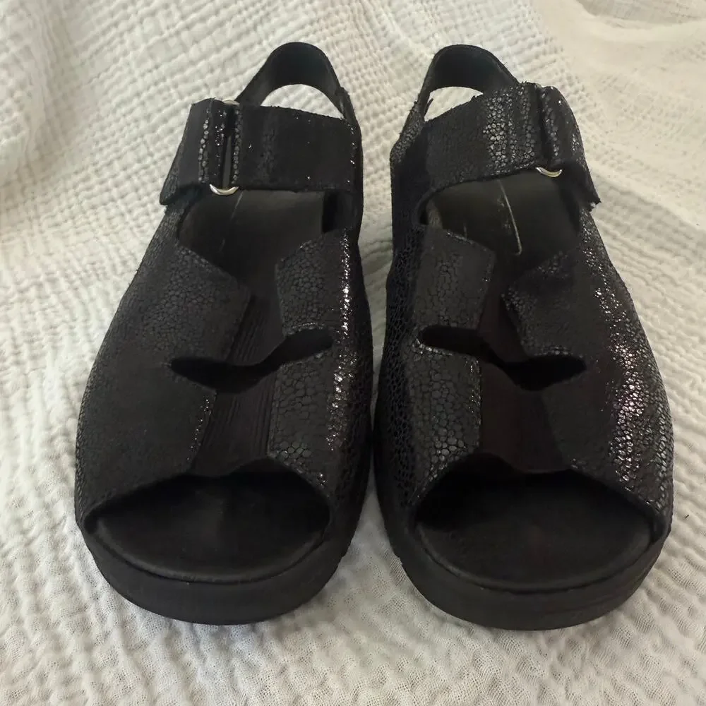 Meisi Women Sandals Size 6 Slides Black Leather Comfort Adjustable Strap Germany